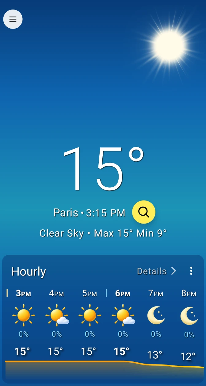 Umbrella showing the current weather and an hourly forecast